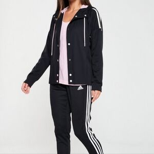 Adidas Black Jacket with Pink details and White signature Adidas Stripes Sleeves